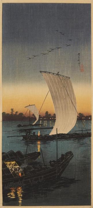Hiroaki Takahashi - 38.5 x 17.2 cm. Title: Sekiyado. Sailing boats at night. Seal: Hiroaki. Published by Watanabe Shosaburo in about 1932. Stamped on verso: Made in Japan.
