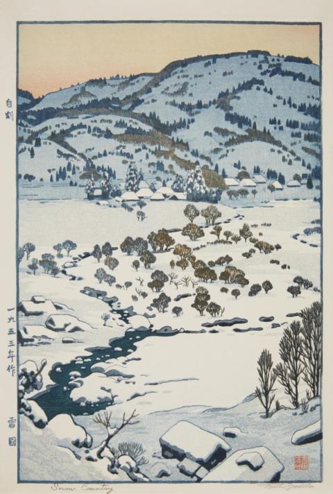 Toshi Yoshida - 40.5 x 27.2 cm, dai-oban. Title: Yukikuni; Snow Country. View of a snow-covered valley with a village. Signed: Toshi Yoshida (in pencil). Seal: Yoshida. Jizuri. Date: 1955.