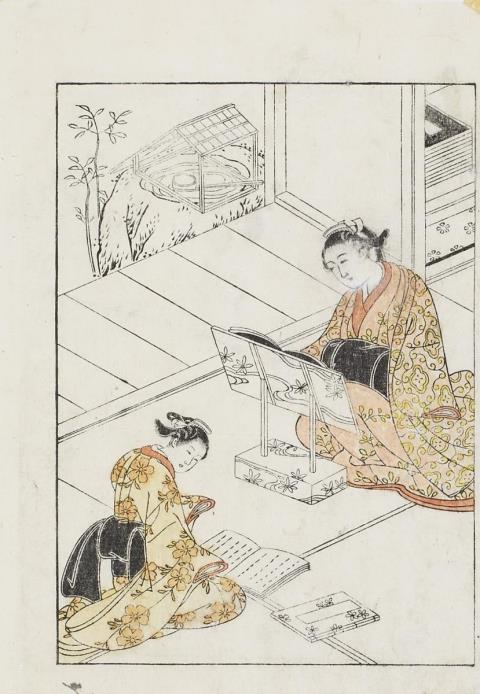 Sukenobu Nishikawa - Group of 13 single and double page black-and-white and colour illustrations, some with hand colouration, from various books. Virtuous scenes and scenes around a tea house, actor...