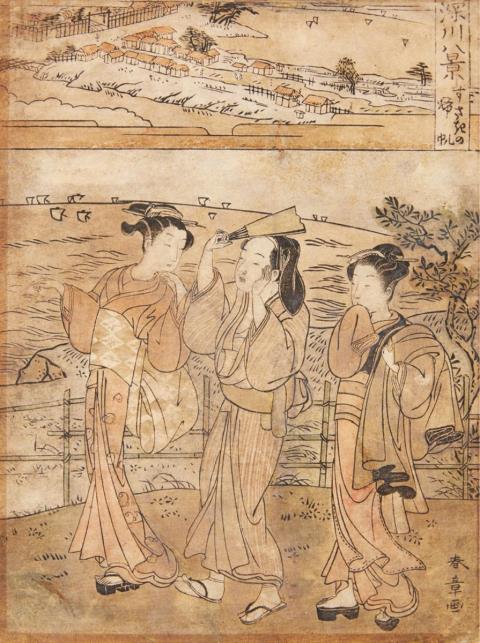 Kiyonaga Torii - a) Two chuban. Yoshiwara hakkei. Man arrives at Yoshiwara. Fukagawa hakkei. A man and two women strolling. Signed: Katsukawa Shunsho ga; Shunsho ga. b) Oban. The courtesan Niote...