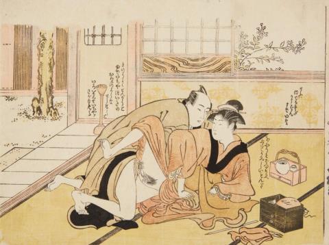 Shunzan Katsukawa - Chuban, yoko-e. Two lovers in a room next to a courtyard. Unsigned.