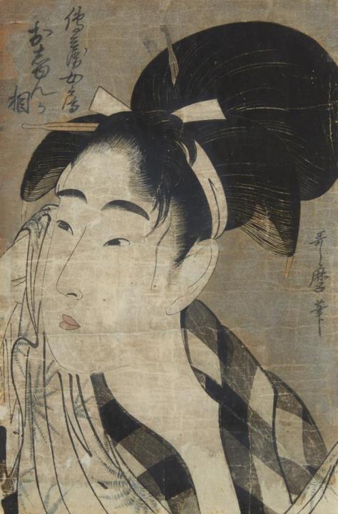 Kitagawa Utamaro - Oban. Series: Denbei nyobo Oshun ga so. Okubi-e. Portrait of the young beauty Oshun, after her bath. Signed: Utamaro hitsu. About 1800. Very good impression, mica, colours sligh...