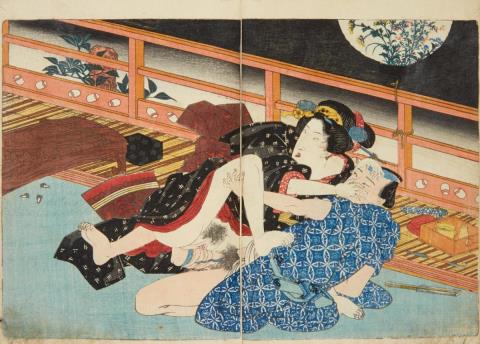 Kunisada Utagawa - 25.5 x 19.1 cm. Erotic album. Title: (Shunka shuto) Shiki no nagame. Volume two from a set of four. One page introduction/poem, five double page colour illustrations with erotic...