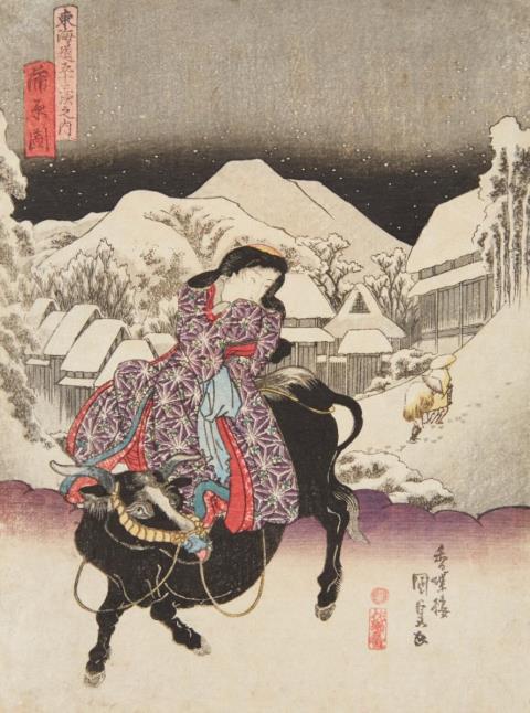 Kunisada Utagawa - Chuban. Serie: Tokaido gojusan tsugi no uchi. Titel: Kanbara no zu. A young woman riding an ox. In the background Hiroshige’s Kanbara snow scene. Signed: Kochoro Kunisada ga. Pu...