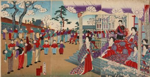 Chikanobu Toyohara - Three oban triptychs. a) Audience at the Imperial Palace.The Emperor and Empress at the race track. The Emperor and Empress watching school boys during their morning gymnastics....