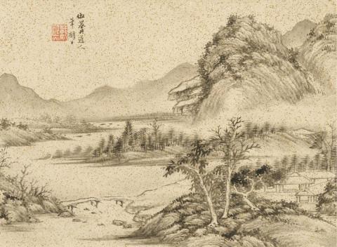 Dai Xi . 19th/29th century - Mountain landscape with small settlement on the river.