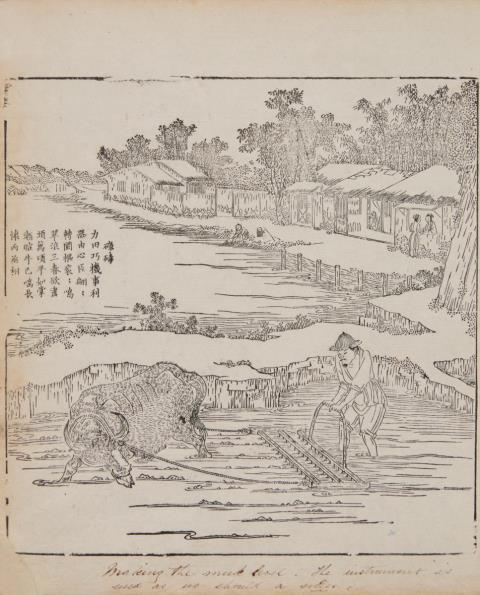 Bingzhen Jiao - The first volume of Gengzhi tu (Pictures of Tilling and Weaving) with illustrations of rice-planting activities yet without the imperial poems. European binding. Qing dynasty.