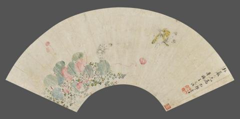 Wenzhi Wang - Two fan paintings. (a) Butterflies and lotus. Inscription, signed Menglou Wang Wenzhi and sealed Wang shi yu qing and one more seal. Fan painting. Ink and light colours on paper...