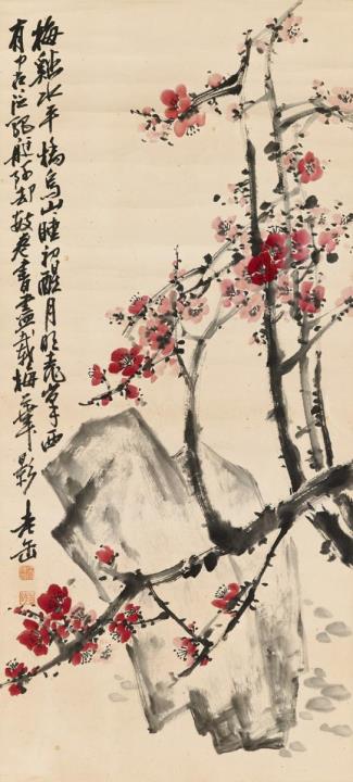 Changshuo Wu - Peach blossoms and rock. Inscription, signed Lao Fou and sealed Wu Junqing and Kutie. Hanging scroll. Ink and colours on paper. In addition: Bamboo. Scroll by Li Yinlong, signed...
