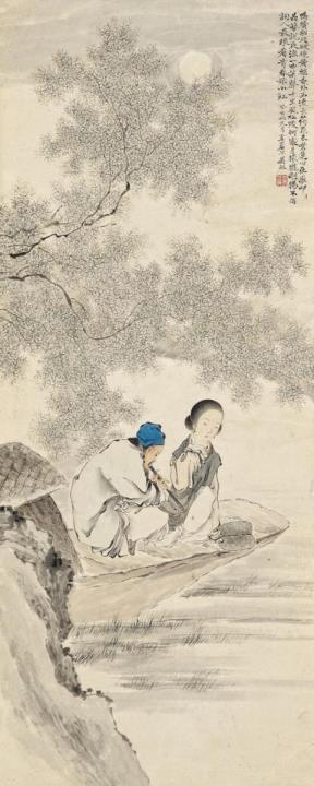 He Wu - A flute player with a lady in a boat under a full moon.