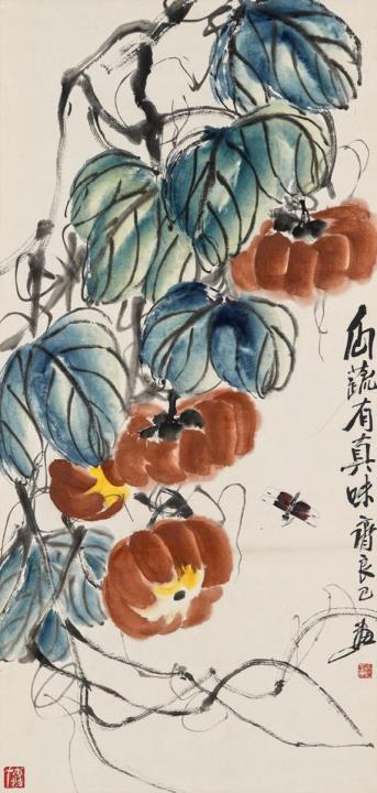 Liangyi Qi - Zweig mit Kürbissen, großen Blättern und Insekt.