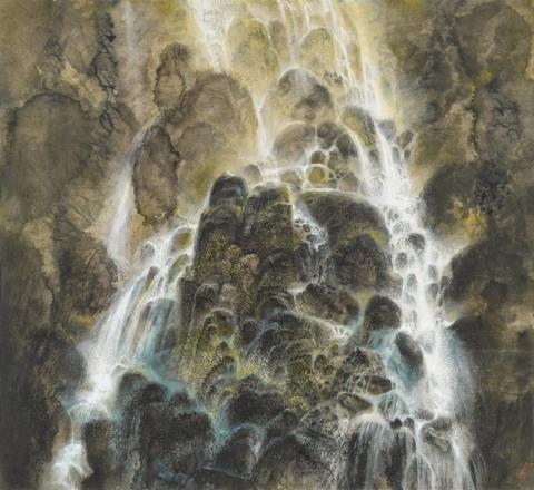 Jianan Wang - Wasserfall mit Felsen.