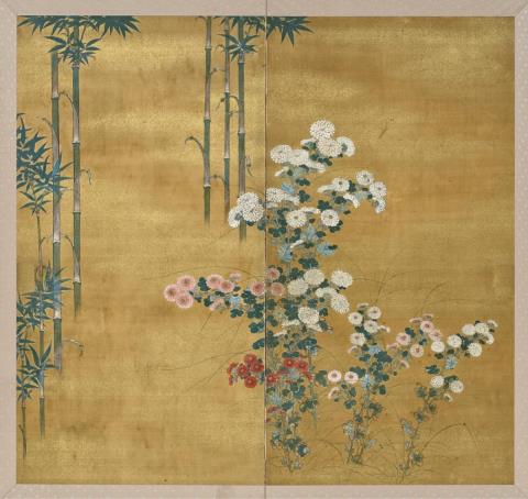 Anonymous painter 20th century - A two-panel screen (formerly two fusuma doors) depicting chrysanthemums and bamboo. Ink, colours and gofun on silk. Minor losses to the gofun. 20th century.