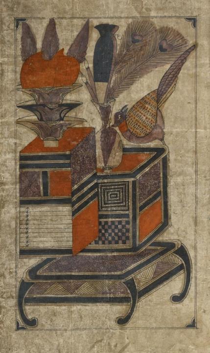  und Anonym - Drei Malereien, wahrscheinlich aus einem Stellschirm mit Darstellung von Stillleben mit Gegenständen des Gelehrtenschreibtischs (chaekgori). Tusche, Rot und einige wenige andere...