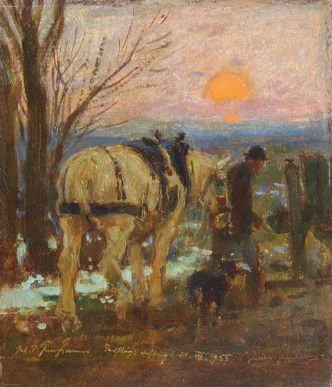 Julius Paul Junghanns - A Farmer and Horse at Sunset