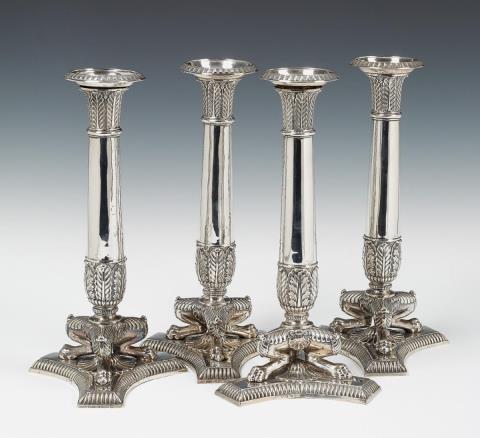 Johann Conrad Wilhelm Philipp Hessler - A set of four Hanau silver candlesticks. Marks of Johann Conrad Hessler, mid 19th C.