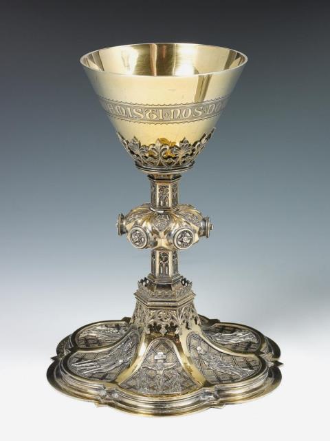 Franz Xaver Hellner - A Cologne silver partially gilt Gothic revival communion chalice. With a 19th C. French silver paten. Marks of Franz Xaver Hellner, 1898.