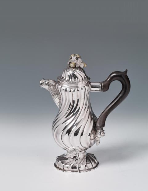 Georges-Louis-Sébastien Henrotay - A rare Liège silver partially gilt coffee pot with an ebonised wood handle. Marks of Georges-Louis-Sébastien Henrotay, 1771.