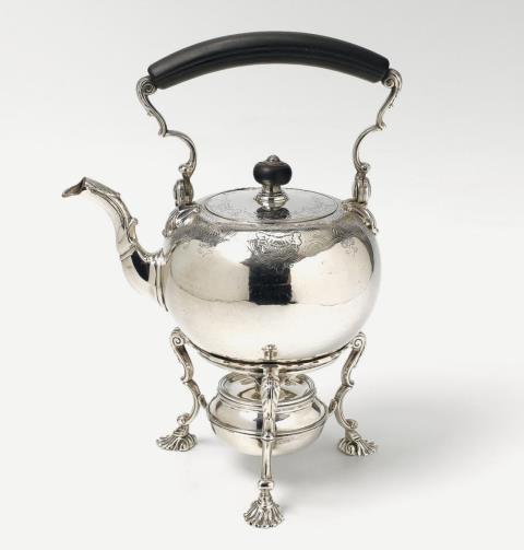 John Edwards II - A George II silver kettle and lamp. Marks of John Edwards II, London 1734. Two small alterations to the ornament, probably in the field of a former engraving.