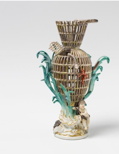 Johann Joachim Kaendler - A Meissen centrepiece formed as an eel trap, belonging to a series of vases based on the four elements.