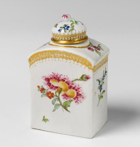 A Gardner manufactory tea caddy with original cover and floral decor after German designs.