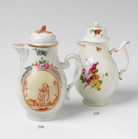  Volkstedt - A Volkstedt coffee pot with Neoclassical scenes in iron red camieau.