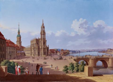 A finely painted Meissen porcelain plaque with a view of the Brühlsche Terrasse in Dresden.