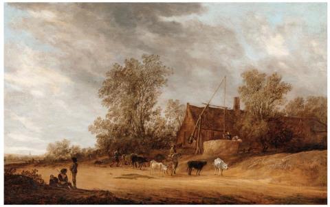 Salomon van Ruysdael - A Village Street with a Herd of Cows by an Inn