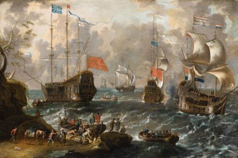 Lorenzo A. Castro - Zwei Seestücke mit englischen und holländischen Schiffen und reicher Staffage