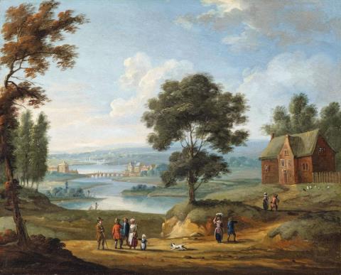Jan Frans van Bredael - Weite Flusslandschaft mit Brücke