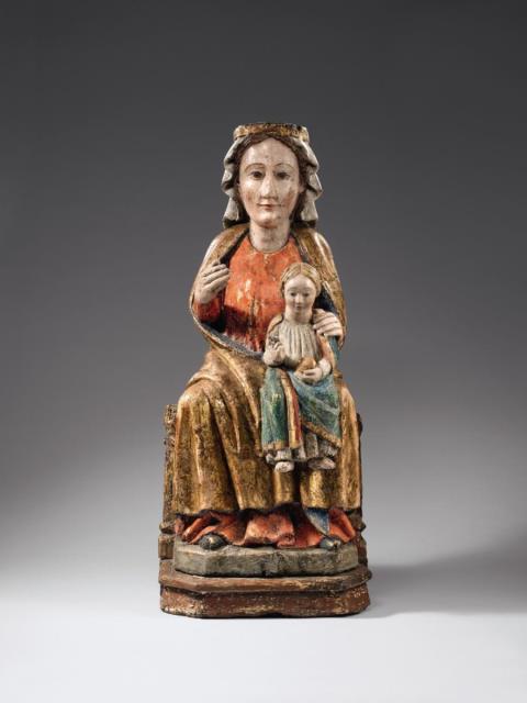  Alpenländisch - An early 14th century, probably Alpine carved wooden figure of the Virgin enthroned.