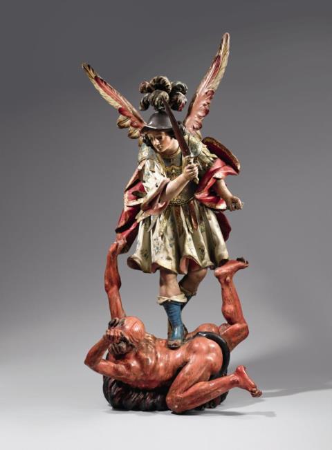 Probably Spain circa 1700 - A probably Spanish carved wooden figure of Saint Michael, circa 1700.