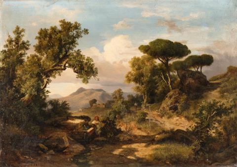 Károly (Karl) Markó the Younger - An Italian Landscape with a Woman at a Well and a Traveller