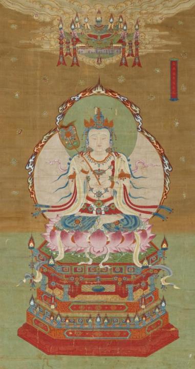 Anonymous painter . 17th/18th century - Nityodyukta Bodhisattva (Bodhisattva of Constant-diligence) from the Amitabha sutra. Large hanging scroll. Ink and colours on silk. Inscription: Nanwu Chang Jingjjin pusa (Namo ...