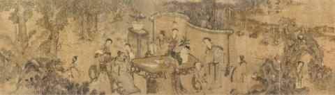 Unknown Artist - Scholars and palace ladies with servants in a garden landscape. Section from an horizontal scroll. Ink and colours on silk. 17th/18th century.