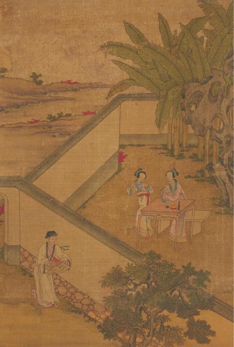 Various artists . Qing dynasty and later - Map with 15 album leaves depicting scenes from the "The Story of the Western Chamber", figures, landscape and plants. 44 x 30 cm. Ink and colours on silk and paper. Qing dynasty...