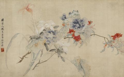  Unidentified painter - Peonies, azalea and lilies. Ink and colours on silk. Inscription and sealed Run zhi Lu Han. Around 1900. 