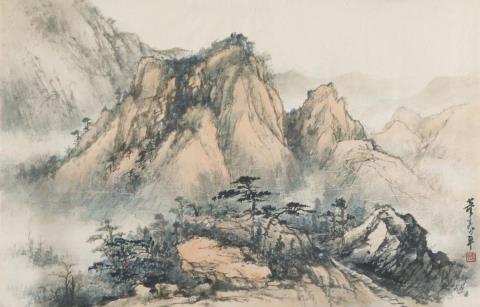Shouping Dong - Landscape. Ink and light colours on paper. Inscription, signed Dong Shouping and sealed Shouping.