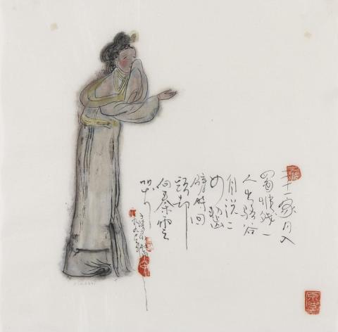 Su Xiaobai - Weinende Tang-Dame. Aufschrift mit einer Gedichtzeile des Tang-zeitlichen Dichters Du Fu, sign.: Xiaobai und fünf Siegel.