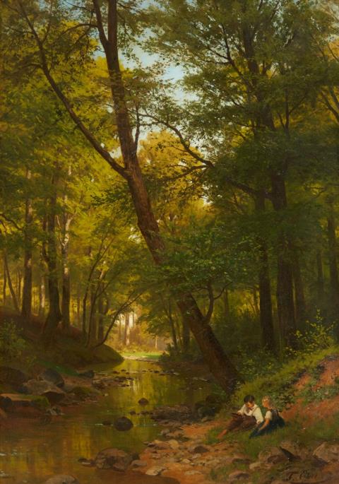 Fritz Ebel - Forest Landscape with Children Playing by a Stream