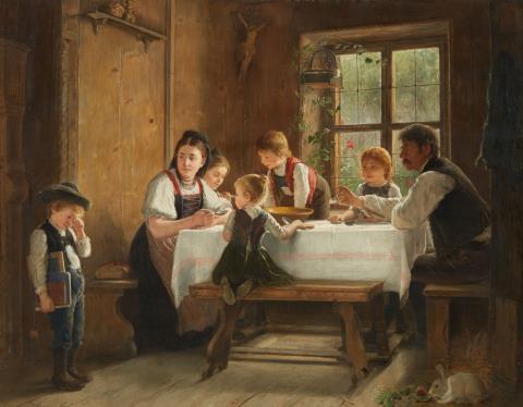 August Heyn - Weinender Junge beim Mittagsmahl in der Bauernstube
