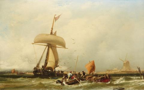 Charles Hoguet - Holländische Küstenansicht mit Segelschiff und Booten