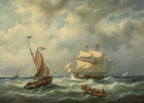 Georg Willem Opdenhoff - A Sailing Ship and Fishing Boats in Stormy Seas