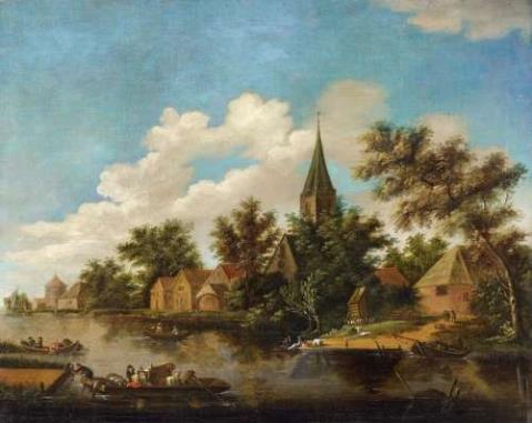 Lambert van Straaten - Dutch River Landscape with a Village and Figures