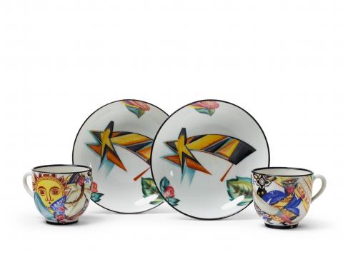 Alexandra Vasilievna Shchekotikhina-Pototskaya - A pair of porcelain cups and saucers painted with Russian fairytale motifs.