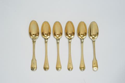 Francois Daniel Imlin - A set of six silver gilt spoons made for the Dukes of Anhalt-Dessau. The ends decorated with the arms of Anhalt. Four spoons marked Strassbourg, 1775 with indistinct maker's mark "IMLIN". One marked Augsburg 1773 - 75. One unmarked.