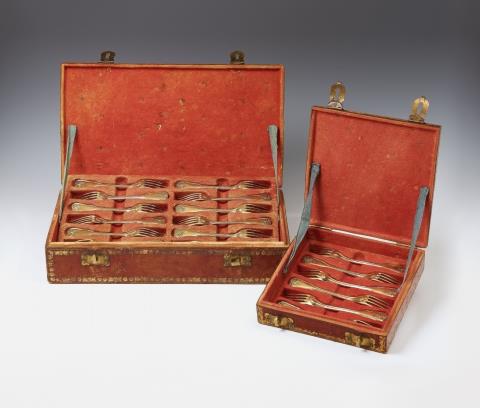 Jacob Heinrich Alberti - Six Strasbourg vermeil forks in the original leather case. Marks of Jacques-Henri Alberti, 1770.