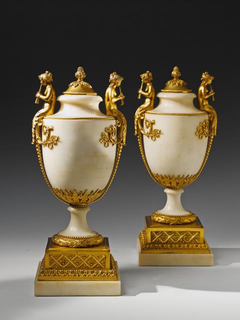 Pierre-Philippe Thomire - A pair of French époque Louis XVI ormolu mounted white marble vases.