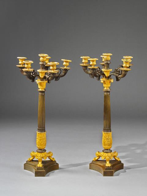 Pierre-Philippe Thomire - A pair of Parisian gilt bronze Restauration era six-flame table candelabra.