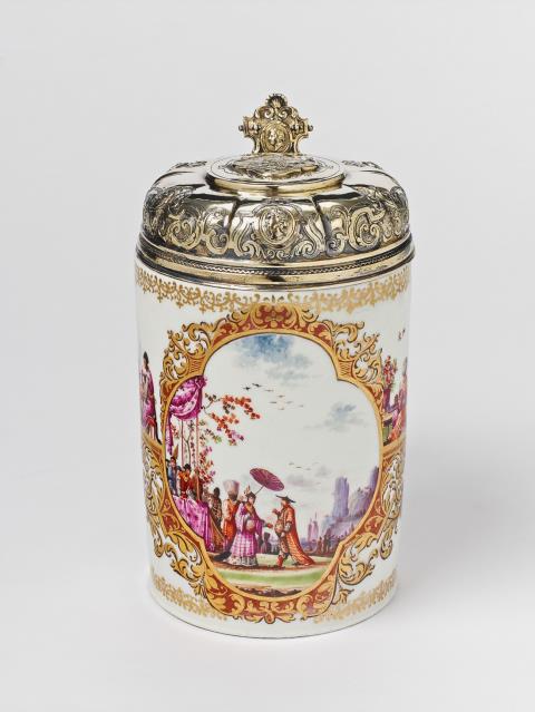 An opulent vermeil mounted Meissen porcelain tankard.